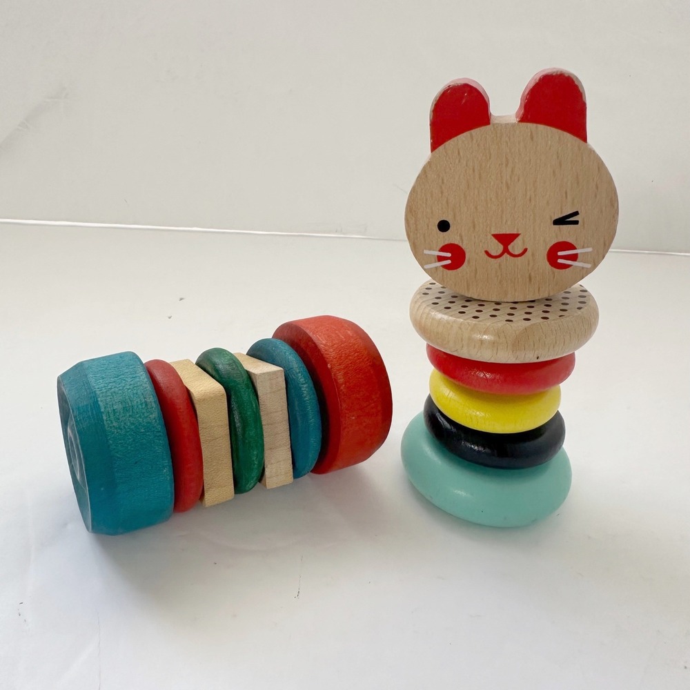 Montessori Wooden Toy Bundle Lot of 2 Petit Collage Bunny & Vintage Roll Rattle